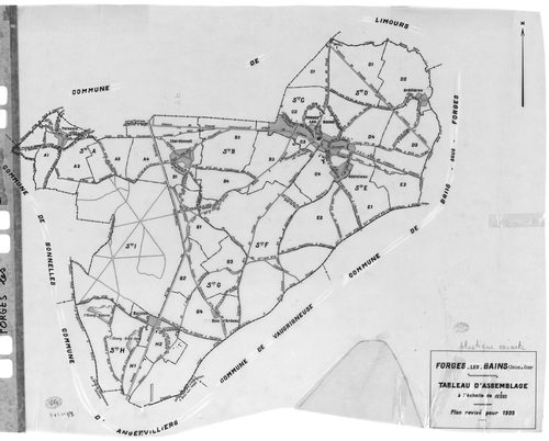 FORGES-LES-BAINS.- Cadastre révisé pour 1935 : plan du tableau d'assemblage, plans de la section A Malassis 3ème feuille, idem 4ème feuille, section B Chardonnet 3ème feuille, idem 4ème feuille, section C Forges 2ème feuille, idem 3ème feuille, section G 