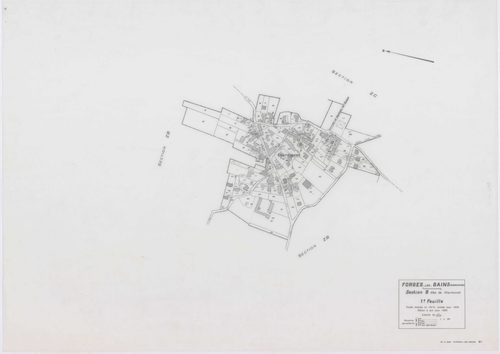 FORGES-LES-BAINS, plans minutes de conservation : tableau d'assemblage,1935, Ech. 1/10000 ; plans des sections A1, A2, B1, B2, C2, C3, C4, D1, D2, D4, E1, G1, G3, G4, H2, 1935, Ech. 1/1250, sections F1, H1, I, 1935, Ech. 1/2500, sections ZA, ZB, ZC, ZD, Z