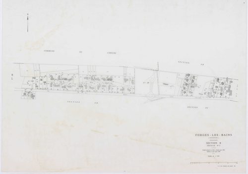 FORGES-LES-BAINS, plans minutes de conservation : tableau d'assemblage,1935, Ech. 1/10000 ; plans des sections A1, A2, B1, B2, C2, C3, C4, D1, D2, D4, E1, G1, G3, G4, H2, 1935, Ech. 1/1250, sections F1, H1, I, 1935, Ech. 1/2500, sections ZA, ZB, ZC, ZD, Z