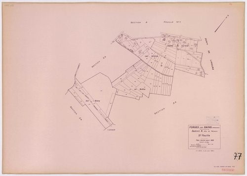 FORGES-LES-BAINS. - Plan révisé pour 1935, à jour pour 1974 (2ème, 3ème édition) : plans du tableau d'assemblage, des sections A dite de Malassis (feuilles 1-2), B dite du Chardonnet (feuilles 1-2), C dite de Forges (feuilles 2-4), D dite d'Ardillères (fe