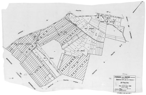 FORGES-LES-BAINS.- Cadastre révisé pour 1935 : plan du tableau d'assemblage, plans de la section A Malassis 3ème feuille, idem 4ème feuille, section B Chardonnet 3ème feuille, idem 4ème feuille, section C Forges 2ème feuille, idem 3ème feuille, section G 