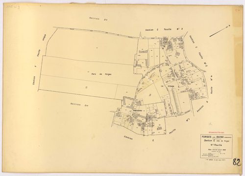 FORGES-LES-BAINS. - Plan révisé pour 1935, à jour pour 1974 (2ème, 3ème édition) : plans du tableau d'assemblage, des sections A dite de Malassis (feuilles 1-2), B dite du Chardonnet (feuilles 1-2), C dite de Forges (feuilles 2-4), D dite d'Ardillères (fe