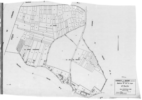 FORGES-LES-BAINS.- Cadastre révisé pour 1935 : plan du tableau d'assemblage, plans de la section A Malassis 3ème feuille, idem 4ème feuille, section B Chardonnet 3ème feuille, idem 4ème feuille, section C Forges 2ème feuille, idem 3ème feuille, section G 