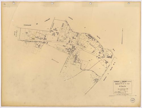 FORGES-LES-BAINS. - Plan révisé pour 1935, à jour pour 1974 (2ème, 3ème édition) : plans du tableau d'assemblage, des sections A dite de Malassis (feuilles 1-2), B dite du Chardonnet (feuilles 1-2), C dite de Forges (feuilles 2-4), D dite d'Ardillères (fe