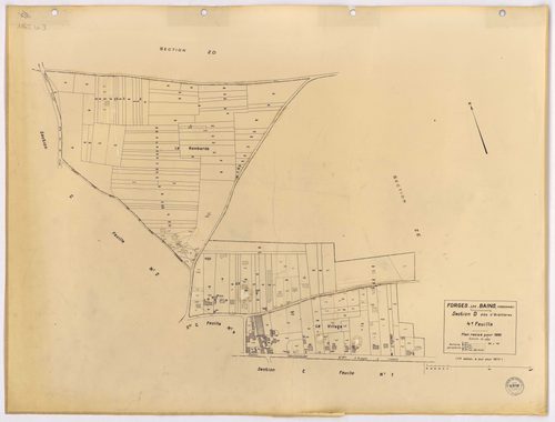 FORGES-LES-BAINS. - Plan révisé pour 1935, à jour pour 1974 (2ème, 3ème édition) : plans du tableau d'assemblage, des sections A dite de Malassis (feuilles 1-2), B dite du Chardonnet (feuilles 1-2), C dite de Forges (feuilles 2-4), D dite d'Ardillères (fe