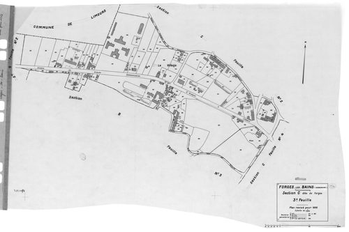 FORGES-LES-BAINS.- Cadastre révisé pour 1935 : plan du tableau d'assemblage, plans de la section A Malassis 3ème feuille, idem 4ème feuille, section B Chardonnet 3ème feuille, idem 4ème feuille, section C Forges 2ème feuille, idem 3ème feuille, section G 