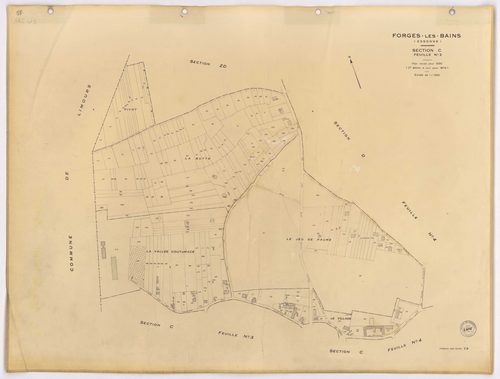 FORGES-LES-BAINS. - Plan révisé pour 1935, à jour pour 1974 (2ème, 3ème édition) : plans du tableau d'assemblage, des sections A dite de Malassis (feuilles 1-2), B dite du Chardonnet (feuilles 1-2), C dite de Forges (feuilles 2-4), D dite d'Ardillères (fe