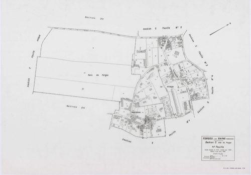 FORGES-LES-BAINS, plans minutes de conservation : tableau d'assemblage,1935, Ech. 1/10000 ; plans des sections A1, A2, B1, B2, C2, C3, C4, D1, D2, D4, E1, G1, G3, G4, H2, 1935, Ech. 1/1250, sections F1, H1, I, 1935, Ech. 1/2500, sections ZA, ZB, ZC, ZD, Z
