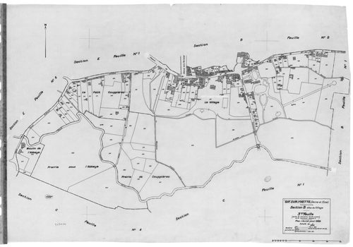 GIF-SUR-YVETTE.- Cadastre révisé pour 1939 : plan du tableau d'assemblage, plans de la section A le Moulon 2ème feuille, section B le Village 1ère feuille, idem 2ème feuille, idem 3ème feuille, section C les Coudrayes 1ère feuille, idem 2ème feuille, idem