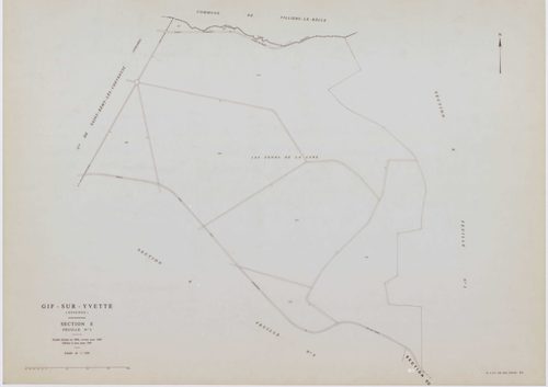 GIF-SUR-YVETTE, plans minutes de conservation : tableau d'assemblage,1939, Ech. 1/10000 ; plans des sections C1, C2, C4, E2, E3, E4, 1939, Ech. 1/1250, section C3, 1939, Ech. 1/2500, section ZQ, 1961, Ech. 1/2000, section AH, 1961, Ech. 1/1000, sections A