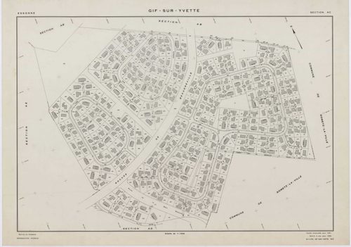 GIF-SUR-YVETTE, plans minutes de conservation : tableau d'assemblage,1939, Ech. 1/10000 ; plans des sections C1, C2, C4, E2, E3, E4, 1939, Ech. 1/1250, section C3, 1939, Ech. 1/2500, section ZQ, 1961, Ech. 1/2000, section AH, 1961, Ech. 1/1000, sections A