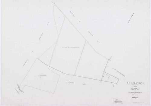 GIF-SUR-YVETTE, plans minutes de conservation : tableau d'assemblage,1939, Ech. 1/10000 ; plans des sections C1, C2, C4, E2, E3, E4, 1939, Ech. 1/1250, section C3, 1939, Ech. 1/2500, section ZQ, 1961, Ech. 1/2000, section AH, 1961, Ech. 1/1000, sections A