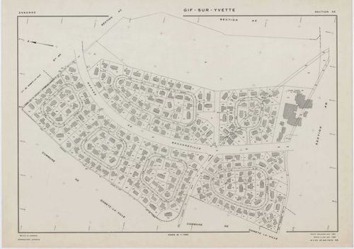 GIF-SUR-YVETTE, plans minutes de conservation : tableau d'assemblage,1939, Ech. 1/10000 ; plans des sections C1, C2, C4, E2, E3, E4, 1939, Ech. 1/1250, section C3, 1939, Ech. 1/2500, section ZQ, 1961, Ech. 1/2000, section AH, 1961, Ech. 1/1000, sections A