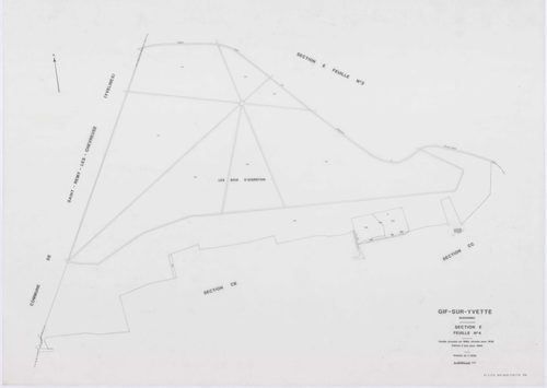 GIF-SUR-YVETTE, plans minutes de conservation : tableau d'assemblage,1939, Ech. 1/10000 ; plans des sections C1, C2, C4, E2, E3, E4, 1939, Ech. 1/1250, section C3, 1939, Ech. 1/2500, section ZQ, 1961, Ech. 1/2000, section AH, 1961, Ech. 1/1000, sections A