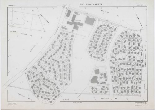 GIF-SUR-YVETTE, plans minutes de conservation : tableau d'assemblage,1939, Ech. 1/10000 ; plans des sections C1, C2, C4, E2, E3, E4, 1939, Ech. 1/1250, section C3, 1939, Ech. 1/2500, section ZQ, 1961, Ech. 1/2000, section AH, 1961, Ech. 1/1000, sections A