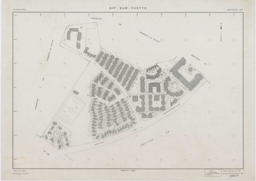 GIF-SUR-YVETTE, plans minutes de conservation : tableau d'assemblage,1939, Ech. 1/10000 ; plans des sections C1, C2, C4, E2, E3, E4, 1939, Ech. 1/1250, section C3, 1939, Ech. 1/2500, section ZQ, 1961, Ech. 1/2000, section AH, 1961, Ech. 1/1000, sections A