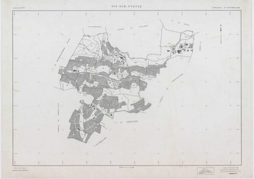 GIF-SUR-YVETTE, plans minutes de conservation : tableau d'assemblage,1939, Ech. 1/10000 ; plans des sections C1, C2, C4, E2, E3, E4, 1939, Ech. 1/1250, section C3, 1939, Ech. 1/2500, section ZQ, 1961, Ech. 1/2000, section AH, 1961, Ech. 1/1000, sections A