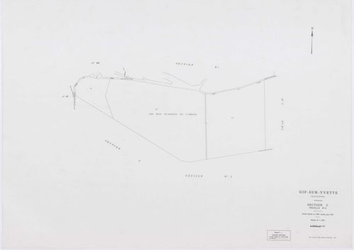 GIF-SUR-YVETTE, plans minutes de conservation : tableau d'assemblage,1939, Ech. 1/10000 ; plans des sections C1, C2, C4, E2, E3, E4, 1939, Ech. 1/1250, section C3, 1939, Ech. 1/2500, section ZQ, 1961, Ech. 1/2000, section AH, 1961, Ech. 1/1000, sections A
