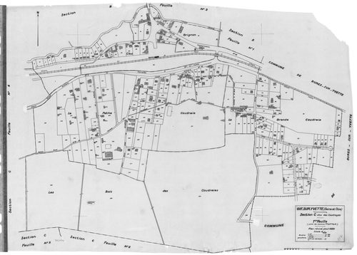 GIF-SUR-YVETTE.- Cadastre révisé pour 1939 : plan du tableau d'assemblage, plans de la section A le Moulon 2ème feuille, section B le Village 1ère feuille, idem 2ème feuille, idem 3ème feuille, section C les Coudrayes 1ère feuille, idem 2ème feuille, idem
