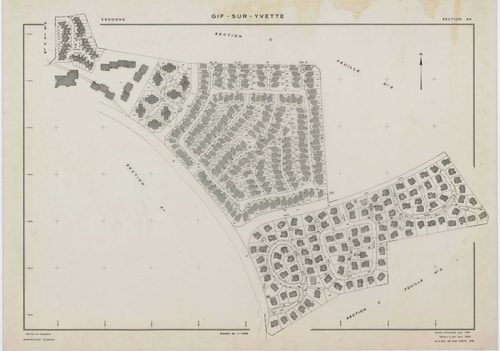GIF-SUR-YVETTE, plans minutes de conservation : tableau d'assemblage,1939, Ech. 1/10000 ; plans des sections C1, C2, C4, E2, E3, E4, 1939, Ech. 1/1250, section C3, 1939, Ech. 1/2500, section ZQ, 1961, Ech. 1/2000, section AH, 1961, Ech. 1/1000, sections A