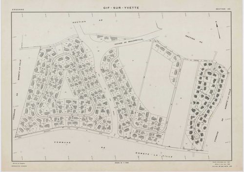 GIF-SUR-YVETTE, plans minutes de conservation : tableau d'assemblage,1939, Ech. 1/10000 ; plans des sections C1, C2, C4, E2, E3, E4, 1939, Ech. 1/1250, section C3, 1939, Ech. 1/2500, section ZQ, 1961, Ech. 1/2000, section AH, 1961, Ech. 1/1000, sections A