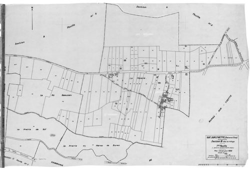 GIF-SUR-YVETTE.- Cadastre révisé pour 1939 : plan du tableau d'assemblage, plans de la section A le Moulon 2ème feuille, section B le Village 1ère feuille, idem 2ème feuille, idem 3ème feuille, section C les Coudrayes 1ère feuille, idem 2ème feuille, idem
