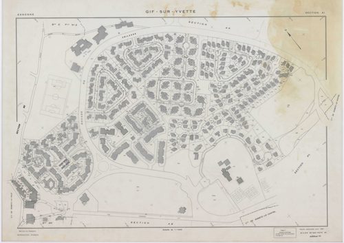 GIF-SUR-YVETTE, plans minutes de conservation : tableau d'assemblage,1939, Ech. 1/10000 ; plans des sections C1, C2, C4, E2, E3, E4, 1939, Ech. 1/1250, section C3, 1939, Ech. 1/2500, section ZQ, 1961, Ech. 1/2000, section AH, 1961, Ech. 1/1000, sections A