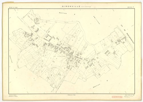 Plans minutes de conservation : GIRONVILLE-SUR-ESSONNE : tableau d'assemblage, ech. 1/10000 (1953), sections A, B, C, D, E, G, I, J, K, L, M, ech. 1/2000 (1953), sections F, H, ech. 1/1000 (1953), NB, papier, 105x80 [14 plans]. 