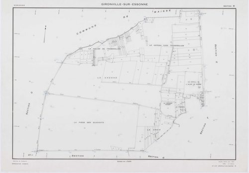 GIRONVILLE-SUR-ESSONNE, plans minutes de conservation : tableau d'assemblage, 1953, Ech. 1/10000 ; plans des sections A, B, C, D, E, G, I, J, K, L, M, 1953, Ech. 1/2000, sections F, H, 1953, Ech. 1/1000. Polyester. N et B. Dim. 105 x 80 cm [14 plans]. 