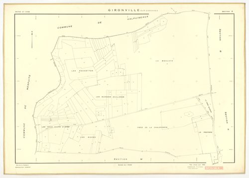 Plans minutes de conservation : GIRONVILLE-SUR-ESSONNE : tableau d'assemblage, ech. 1/10000 (1953), sections A, B, C, D, E, G, I, J, K, L, M, ech. 1/2000 (1953), sections F, H, ech. 1/1000 (1953), NB, papier, 105x80 [14 plans]. 