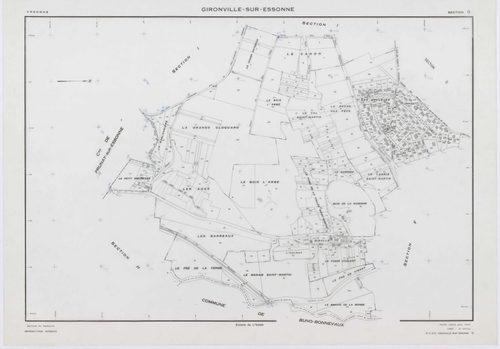 GIRONVILLE-SUR-ESSONNE, plans minutes de conservation : tableau d'assemblage, 1953, Ech. 1/10000 ; plans des sections A, B, C, D, E, G, I, J, K, L, M, 1953, Ech. 1/2000, sections F, H, 1953, Ech. 1/1000. Polyester. N et B. Dim. 105 x 80 cm [14 plans]. 