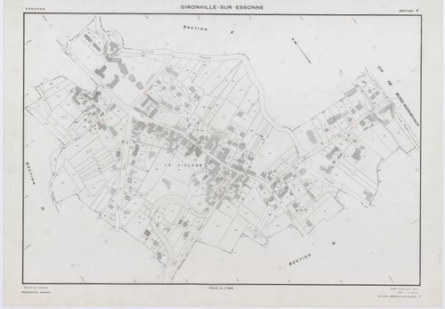 GIRONVILLE-SUR-ESSONNE, plans minutes de conservation : tableau d'assemblage, 1953, Ech. 1/10000 ; plans des sections A, B, C, D, E, G, I, J, K, L, M, 1953, Ech. 1/2000, sections F, H, 1953, Ech. 1/1000. Polyester. N et B. Dim. 105 x 80 cm [14 plans]. 