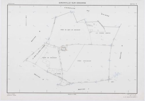 GIRONVILLE-SUR-ESSONNE, plans minutes de conservation : tableau d'assemblage, 1953, Ech. 1/10000 ; plans des sections A, B, C, D, E, G, I, J, K, L, M, 1953, Ech. 1/2000, sections F, H, 1953, Ech. 1/1000. Polyester. N et B. Dim. 105 x 80 cm [14 plans]. 