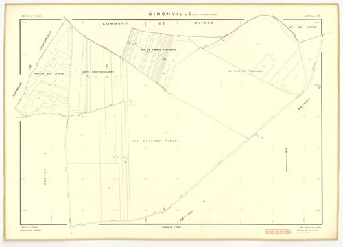 Plans minutes de conservation : GIRONVILLE-SUR-ESSONNE : tableau d'assemblage, ech. 1/10000 (1953), sections A, B, C, D, E, G, I, J, K, L, M, ech. 1/2000 (1953), sections F, H, ech. 1/1000 (1953), NB, papier, 105x80 [14 plans]. 