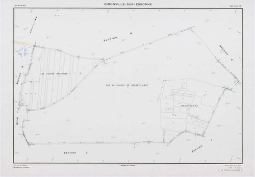GIRONVILLE-SUR-ESSONNE, plans minutes de conservation : tableau d'assemblage, 1953, Ech. 1/10000 ; plans des sections A, B, C, D, E, G, I, J, K, L, M, 1953, Ech. 1/2000, sections F, H, 1953, Ech. 1/1000. Polyester. N et B. Dim. 105 x 80 cm [14 plans]. 