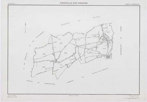 GIRONVILLE-SUR-ESSONNE, plans minutes de conservation : tableau d'assemblage, 1953, Ech. 1/10000 ; plans des sections A, B, C, D, E, G, I, J, K, L, M, 1953, Ech. 1/2000, sections F, H, 1953, Ech. 1/1000. Polyester. N et B. Dim. 105 x 80 cm [14 plans]. 