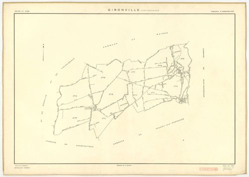 Plans minutes de conservation : GIRONVILLE-SUR-ESSONNE : tableau d'assemblage, ech. 1/10000 (1953), sections A, B, C, D, E, G, I, J, K, L, M, ech. 1/2000 (1953), sections F, H, ech. 1/1000 (1953), NB, papier, 105x80 [14 plans]. 