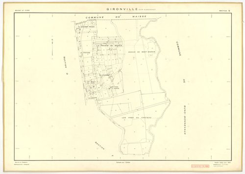 Plans minutes de conservation : GIRONVILLE-SUR-ESSONNE : tableau d'assemblage, ech. 1/10000 (1953), sections A, B, C, D, E, G, I, J, K, L, M, ech. 1/2000 (1953), sections F, H, ech. 1/1000 (1953), NB, papier, 105x80 [14 plans]. 