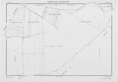 GIRONVILLE-SUR-ESSONNE, plans minutes de conservation : tableau d'assemblage, 1953, Ech. 1/10000 ; plans des sections A, B, C, D, E, G, I, J, K, L, M, 1953, Ech. 1/2000, sections F, H, 1953, Ech. 1/1000. Polyester. N et B. Dim. 105 x 80 cm [14 plans]. 