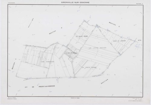 GIRONVILLE-SUR-ESSONNE, plans minutes de conservation : tableau d'assemblage, 1953, Ech. 1/10000 ; plans des sections A, B, C, D, E, G, I, J, K, L, M, 1953, Ech. 1/2000, sections F, H, 1953, Ech. 1/1000. Polyester. N et B. Dim. 105 x 80 cm [14 plans]. 