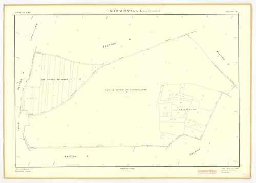 Plans minutes de conservation : GIRONVILLE-SUR-ESSONNE : tableau d'assemblage, ech. 1/10000 (1953), sections A, B, C, D, E, G, I, J, K, L, M, ech. 1/2000 (1953), sections F, H, ech. 1/1000 (1953), NB, papier, 105x80 [14 plans]. 