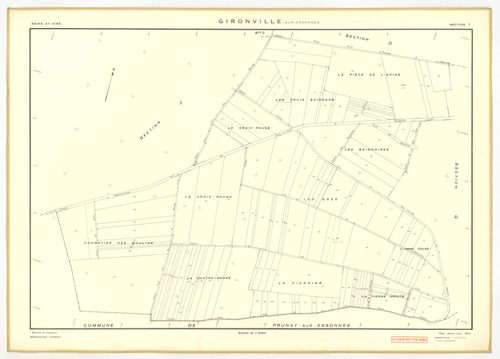 Plans minutes de conservation : GIRONVILLE-SUR-ESSONNE : tableau d'assemblage, ech. 1/10000 (1953), sections A, B, C, D, E, G, I, J, K, L, M, ech. 1/2000 (1953), sections F, H, ech. 1/1000 (1953), NB, papier, 105x80 [14 plans]. 