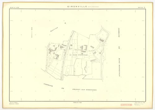 Plans minutes de conservation : GIRONVILLE-SUR-ESSONNE : tableau d'assemblage, ech. 1/10000 (1953), sections A, B, C, D, E, G, I, J, K, L, M, ech. 1/2000 (1953), sections F, H, ech. 1/1000 (1953), NB, papier, 105x80 [14 plans]. 