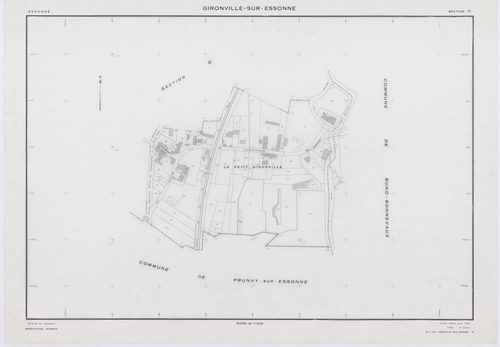 GIRONVILLE-SUR-ESSONNE, plans minutes de conservation : tableau d'assemblage, 1953, Ech. 1/10000 ; plans des sections A, B, C, D, E, G, I, J, K, L, M, 1953, Ech. 1/2000, sections F, H, 1953, Ech. 1/1000. Polyester. N et B. Dim. 105 x 80 cm [14 plans]. 