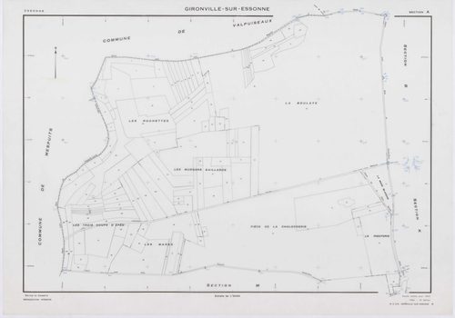 GIRONVILLE-SUR-ESSONNE, plans minutes de conservation : tableau d'assemblage, 1953, Ech. 1/10000 ; plans des sections A, B, C, D, E, G, I, J, K, L, M, 1953, Ech. 1/2000, sections F, H, 1953, Ech. 1/1000. Polyester. N et B. Dim. 105 x 80 cm [14 plans]. 