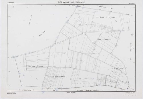 GIRONVILLE-SUR-ESSONNE, plans minutes de conservation : tableau d'assemblage, 1953, Ech. 1/10000 ; plans des sections A, B, C, D, E, G, I, J, K, L, M, 1953, Ech. 1/2000, sections F, H, 1953, Ech. 1/1000. Polyester. N et B. Dim. 105 x 80 cm [14 plans]. 