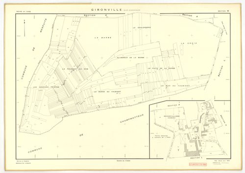Plans minutes de conservation : GIRONVILLE-SUR-ESSONNE : tableau d'assemblage, ech. 1/10000 (1953), sections A, B, C, D, E, G, I, J, K, L, M, ech. 1/2000 (1953), sections F, H, ech. 1/1000 (1953), NB, papier, 105x80 [14 plans]. 