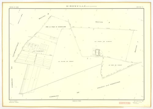Plans minutes de conservation : GIRONVILLE-SUR-ESSONNE : tableau d'assemblage, ech. 1/10000 (1953), sections A, B, C, D, E, G, I, J, K, L, M, ech. 1/2000 (1953), sections F, H, ech. 1/1000 (1953), NB, papier, 105x80 [14 plans]. 