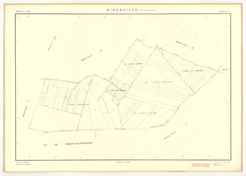 Plans minutes de conservation : GIRONVILLE-SUR-ESSONNE : tableau d'assemblage, ech. 1/10000 (1953), sections A, B, C, D, E, G, I, J, K, L, M, ech. 1/2000 (1953), sections F, H, ech. 1/1000 (1953), NB, papier, 105x80 [14 plans]. 