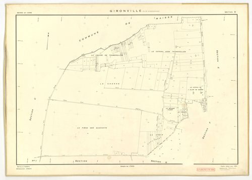 Plans minutes de conservation : GIRONVILLE-SUR-ESSONNE : tableau d'assemblage, ech. 1/10000 (1953), sections A, B, C, D, E, G, I, J, K, L, M, ech. 1/2000 (1953), sections F, H, ech. 1/1000 (1953), NB, papier, 105x80 [14 plans]. 